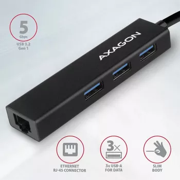 Axagon HMA-GL3A Multiport-Hub USB 3.0 Typ A Gbit-LAN 3x USB-A microSD Kabelgebunden USB 3.2 Gen 1 (3.1 Gen 1) Type-A Schwarz