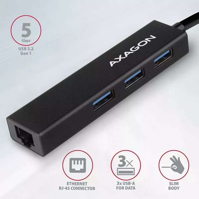Axagon HMA-GL3A Multiport-Hub USB 3.0 Typ A Gbit-LAN 3x USB-A microSD Kabelgebunden USB 3.2 Gen 1 (3.1 Gen 1) Type-A Schwarz