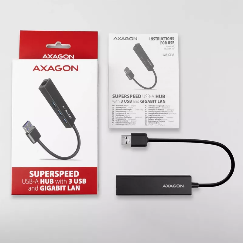 Axagon HMA-GL3A Multiport-Hub USB 3.0 Typ A Gbit-LAN 3x USB-A microSD Kabelgebunden USB 3.2 Gen 1 (3.1 Gen 1) Type-A Schwarz
