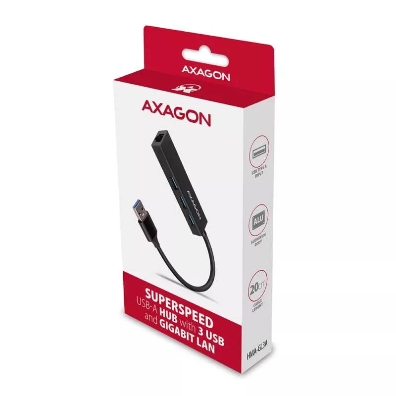 Axagon HMA-GL3A Multiport-Hub USB 3.0 Typ A Gbit-LAN 3x USB-A microSD Kabelgebunden USB 3.2 Gen 1 (3.1 Gen 1) Type-A Schwarz