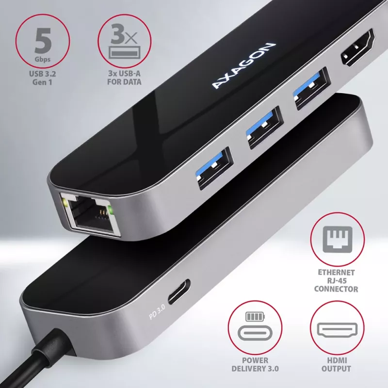 Axagon HMC-6GL USB 3.2 Gen 1 Hub, 3x USB-A, HDMI 4K/30Hz, RJ-45, PD 100W, 20 cm USB-C-Kabel