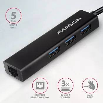 USB-C Hub Axagon HMC-GL3A 3x USB-A Gbit-LAN Schwarz