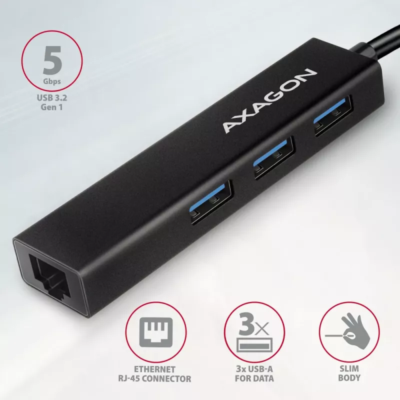 USB-C Hub Axagon HMC-GL3A 3x USB-A Gbit-LAN Schwarz