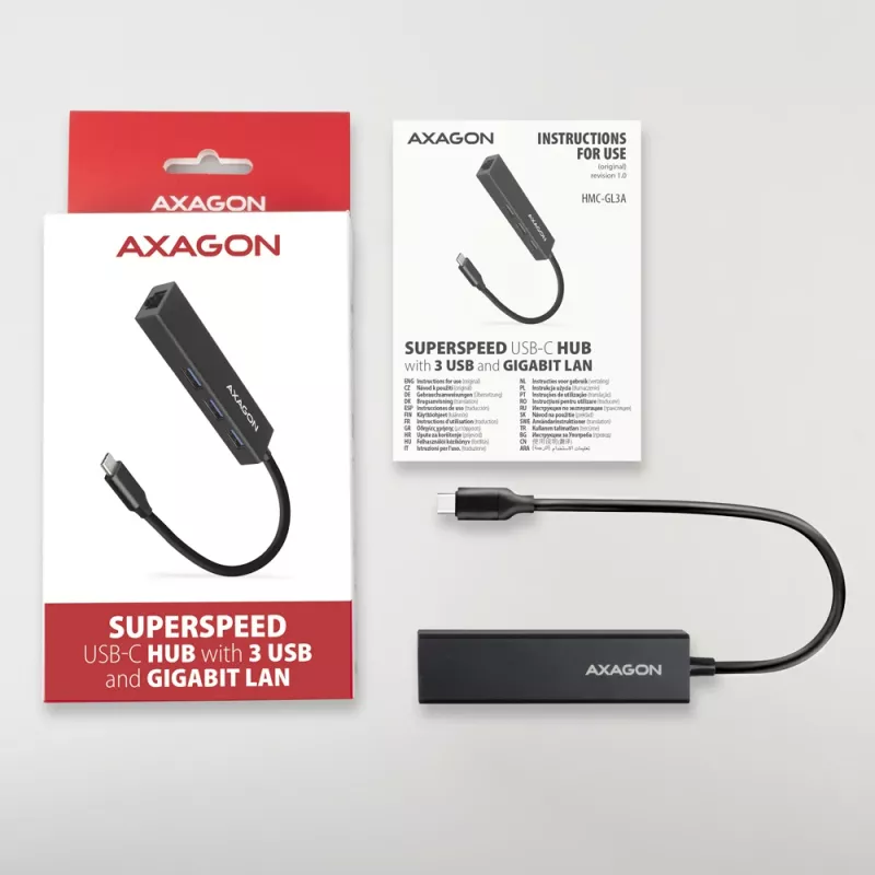 USB-C Hub Axagon HMC-GL3A 3x USB-A Gbit-LAN Schwarz