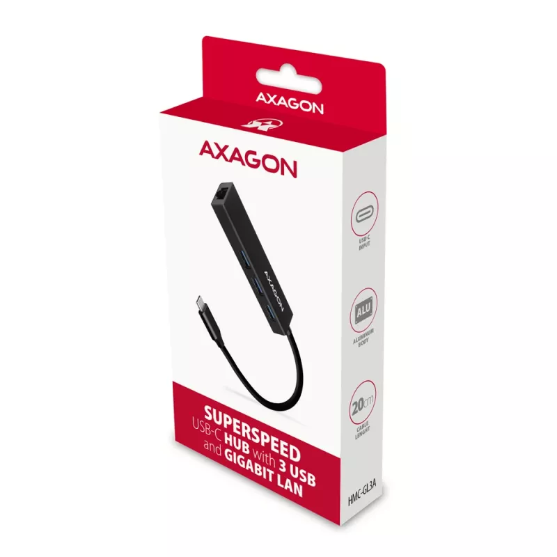 USB-C Hub Axagon HMC-GL3A 3x USB-A Gbit-LAN Schwarz
