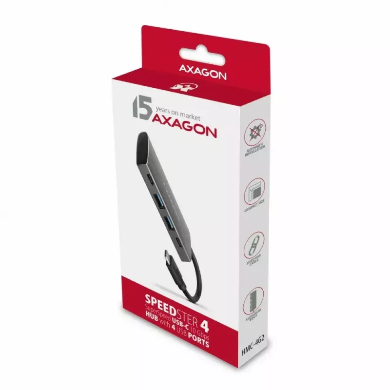 AXAGON HMC-4G2, USB-C 3.2 Gen 2 10 Gb/s Hub, Anschlüsse 2x USB-A + 2x USB-C, Kabel USB-C 13cm