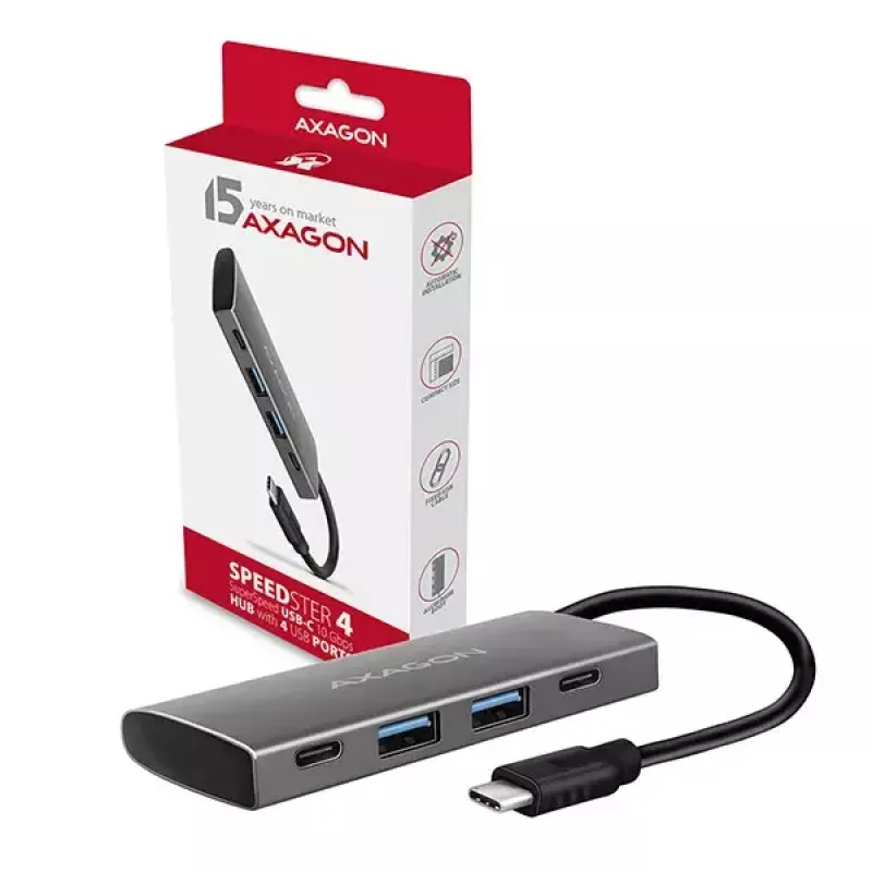 AXAGON HMC-4G2, USB-C 3.2 Gen 2 10 Gb/s Hub, Anschlüsse 2x USB-A + 2x USB-C, Kabel USB-C 13cm