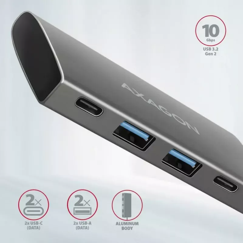 AXAGON HMC-4G2, USB-C 3.2 Gen 2 10 Gb/s Hub, Anschlüsse 2x USB-A + 2x USB-C, Kabel USB-C 13cm