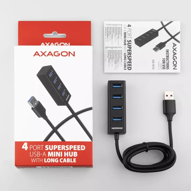 Axagon HUE-M1AL 4x USB 3.2 Gen 1 MINI-Hub, Metall, 1,2 m USB-A-Kabel
