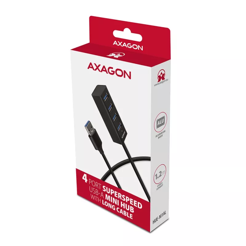 Axagon HUE-M1AL 4x USB 3.2 Gen 1 MINI-Hub, Metall, 1,2 m USB-A-Kabel