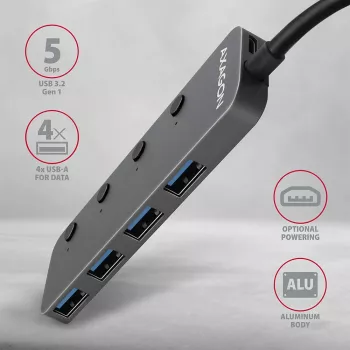 Axagon HUE-MSA Superspeed USB-A Switch Hub 4x USB 3.0 Aktiv - 20cm Schwarz USB 3.2 Gen 1 (3.1 Gen 1) Type-A 5000 Mbit/s Grau