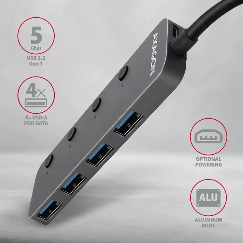 Axagon HUE-MSA Superspeed USB-A Switch Hub 4x USB 3.0 Aktiv - 20cm Schwarz USB 3.2 Gen 1 (3.1 Gen 1) Type-A 5000 Mbit/s Grau