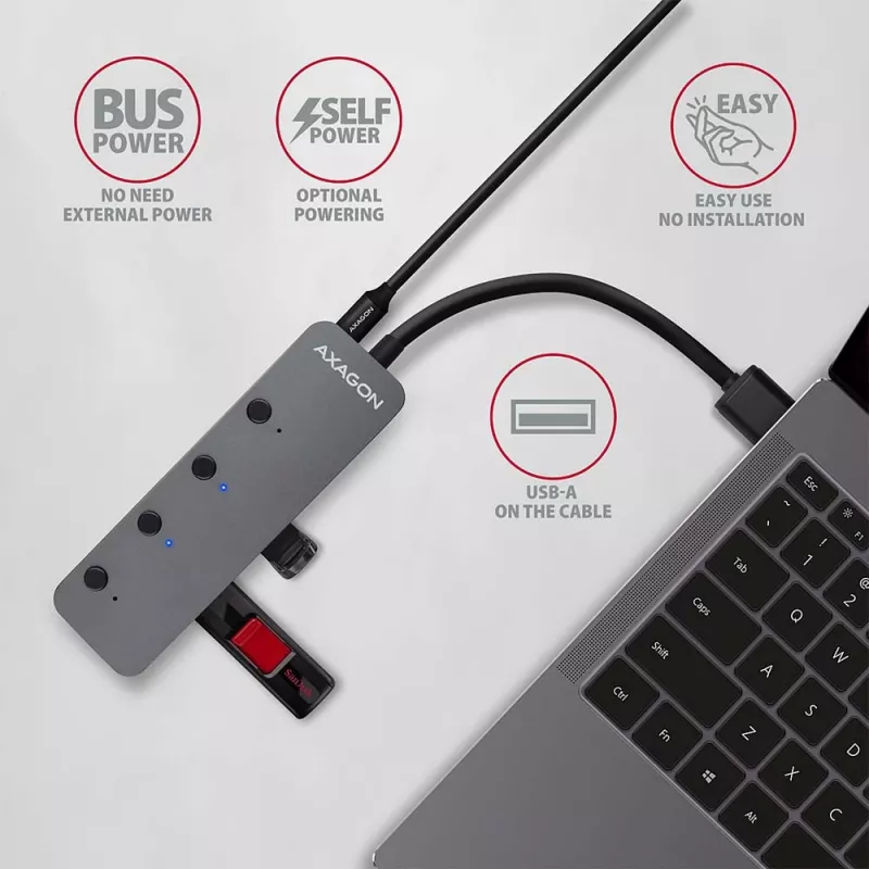 Axagon HUE-MSA Superspeed USB-A Switch Hub 4x USB 3.0 Aktiv - 20cm Schwarz USB 3.2 Gen 1 (3.1 Gen 1) Type-A 5000 Mbit/s Grau