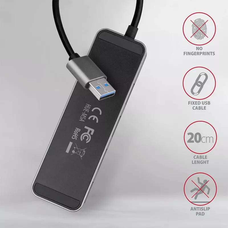 Axagon HUE-MSA Superspeed USB-A Switch Hub 4x USB 3.0 Aktiv - 20cm Schwarz USB 3.2 Gen 1 (3.1 Gen 1) Type-A 5000 Mbit/s Grau