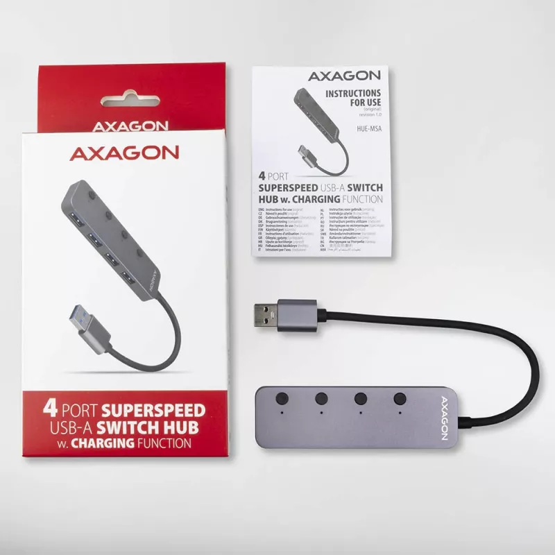 Axagon HUE-MSA Superspeed USB-A Switch Hub 4x USB 3.0 Aktiv - 20cm Schwarz USB 3.2 Gen 1 (3.1 Gen 1) Type-A 5000 Mbit/s Grau