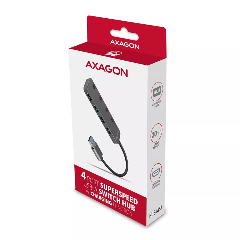 Axagon HUE-MSA Superspeed USB-A Switch Hub 4x USB 3.0 Aktiv - 20cm Schwarz USB 3.2 Gen 1 (3.1 Gen 1) Type-A 5000 Mbit/s Grau