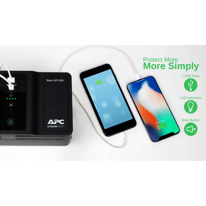 APC Back-UPS BE850G2-GR - Notstromversorgung 8 Steckdosen, 850VA, 2 USB-Ladegeräte, 1 USB-Datenanschluss