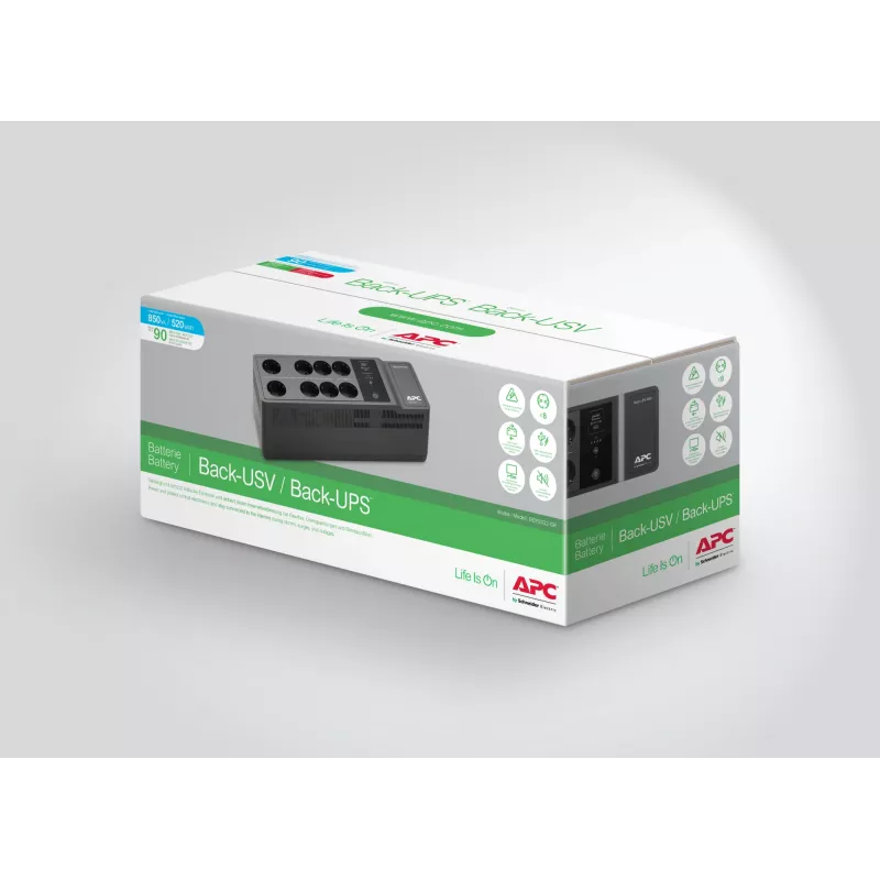 APC Back-UPS BE850G2-GR - Notstromversorgung 8 Steckdosen, 850VA, 2 USB-Ladegeräte, 1 USB-Datenanschluss