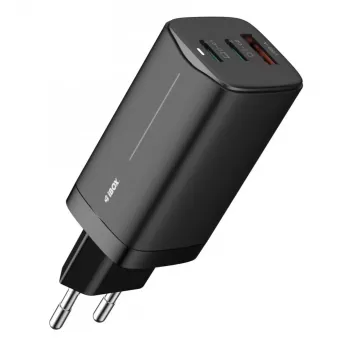 AC-Ladegerät für Mobilgeräte IBOX ILUC65B — 65 W, 3x USB (2x USB‑A Gen1, 1x USB‑C), schwarz, 100–240 V