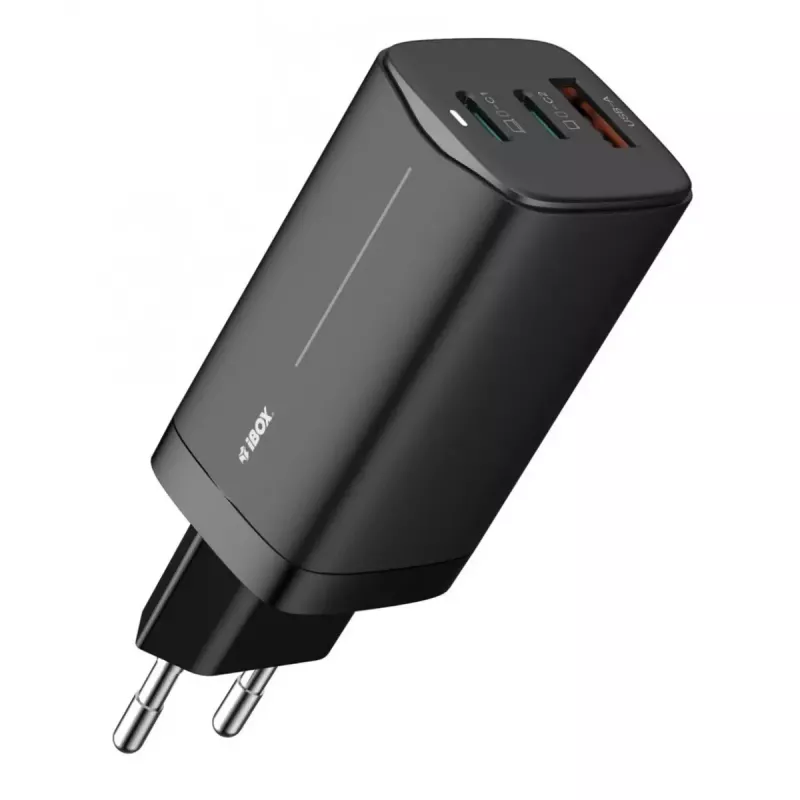 AC-Ladegerät für Mobilgeräte IBOX ILUC65B — 65 W, 3x USB (2x USB‑A Gen1, 1x USB‑C), schwarz, 100–240 V
