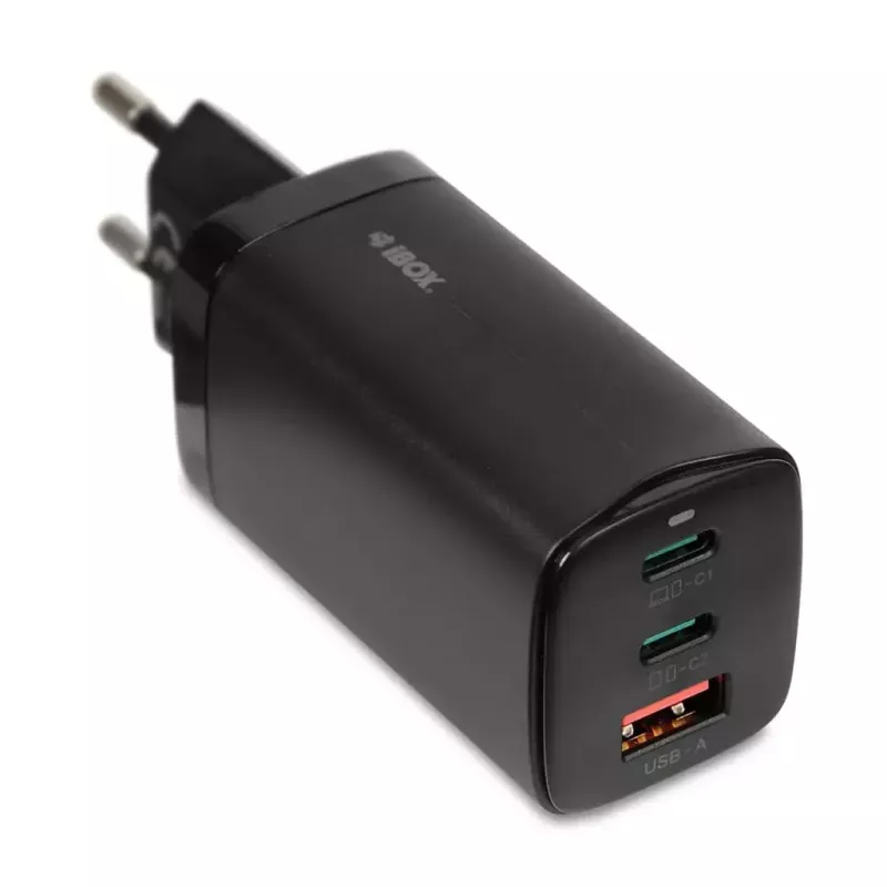 AC-Ladegerät für Mobilgeräte IBOX ILUC65B — 65 W, 3x USB (2x USB‑A Gen1, 1x USB‑C), schwarz, 100–240 V