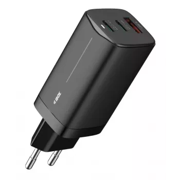 AC-Ladegerät für Mobilgeräte IBOX ILUC65B — 65 W, 3x USB (2x USB‑A Gen1, 1x USB‑C), schwarz, 100–240 V