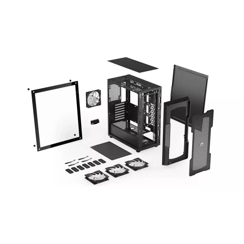 PC-Gehäuse ENDORFY Regnum 400 ARGB Tower Black — ATX, gehärtetes Glas, ARGB, 3x120mm vorne, 1x120mm hinten, unterstützt GPU 37 cm