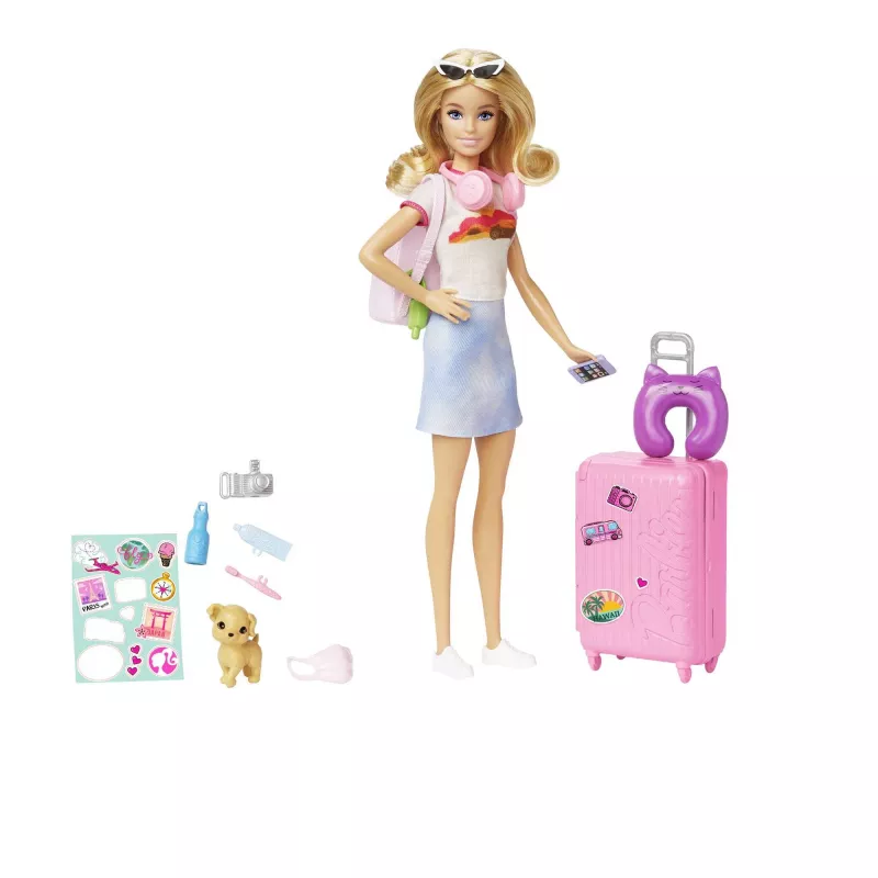 Barbie Dreamhouse Adventures Puppe und Zubehör, „Malibu“ Reiseset mit Welpe und über 10 Teilen, inklusive funktionierendem Koffer