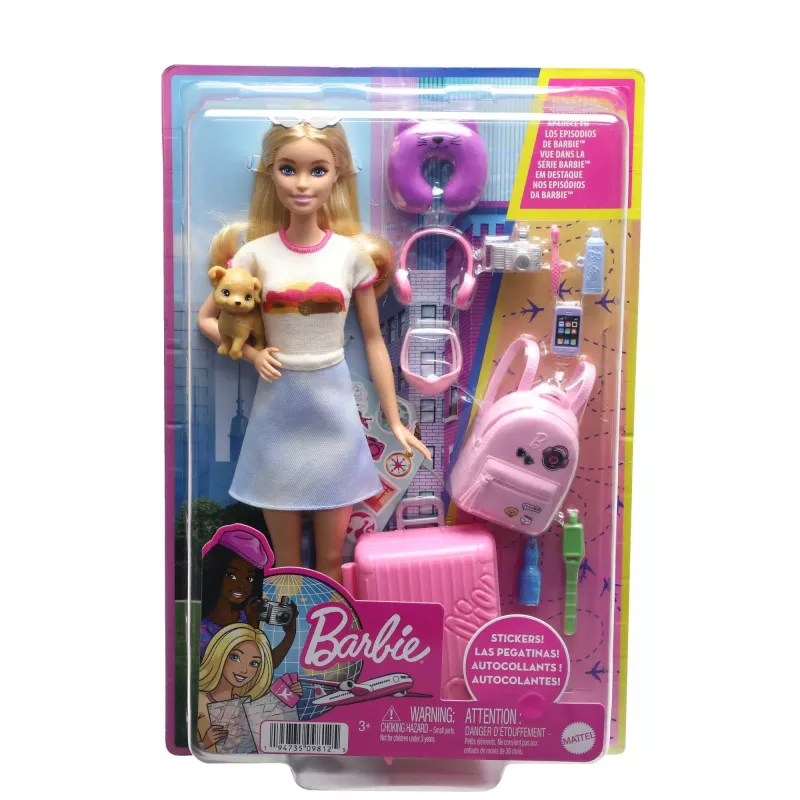 Barbie Dreamhouse Adventures Puppe und Zubehör, „Malibu“ Reiseset mit Welpe und über 10 Teilen, inklusive funktionierendem Koffer