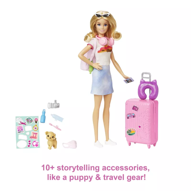 Barbie Dreamhouse Adventures Puppe und Zubehör, „Malibu“ Reiseset mit Welpe und über 10 Teilen, inklusive funktionierendem Koffer