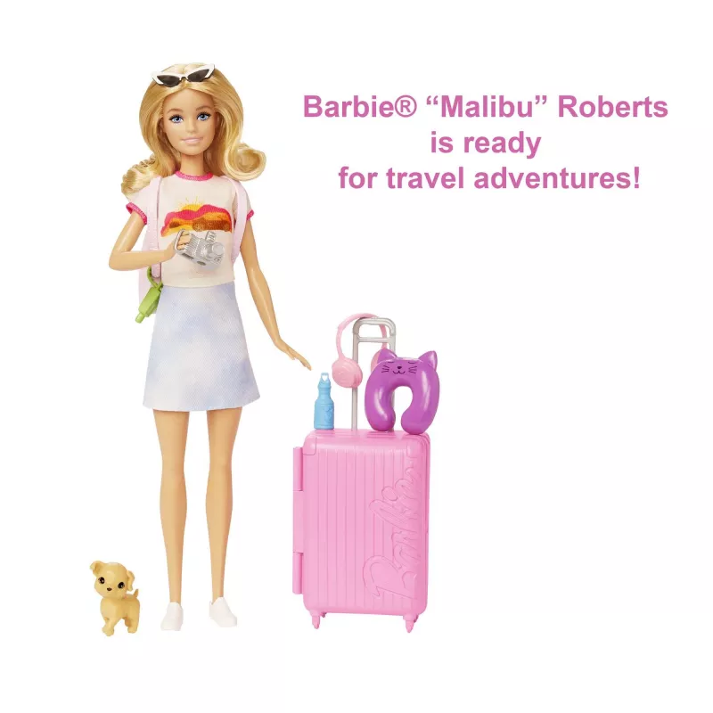 Barbie Dreamhouse Adventures Puppe und Zubehör, „Malibu“ Reiseset mit Welpe und über 10 Teilen, inklusive funktionierendem Koffer