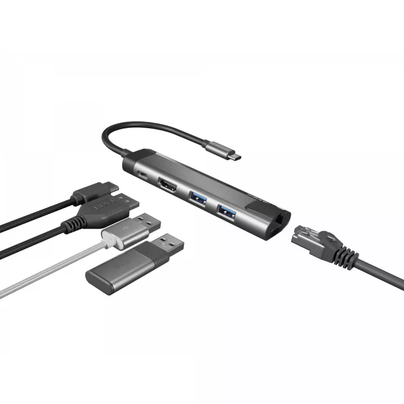 USB Hub NATEC Fowler Go USB 3.2 Gen 1 Typ-C Edelstahl, 100 W PD, HDMI, Ethernet, Kartenleser