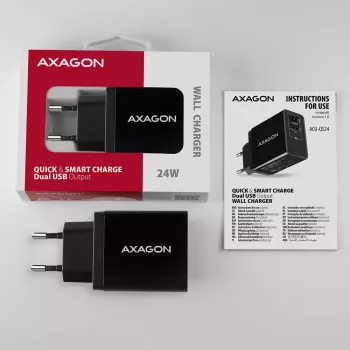 Axagon ACU-QS24 QUICK and SMART Wandladegerät, 2x USB-Anschluss QC3.0/AFC/FCP + 5V-1,2A, 24W
