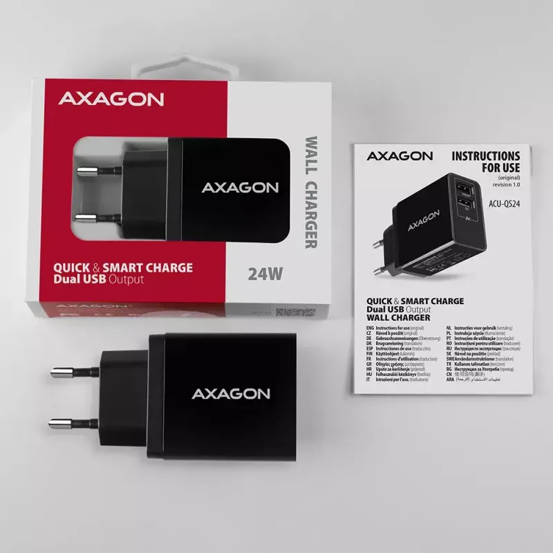 Axagon ACU-QS24 QUICK and SMART Wandladegerät, 2x USB-Anschluss QC3.0/AFC/FCP + 5V-1,2A, 24W