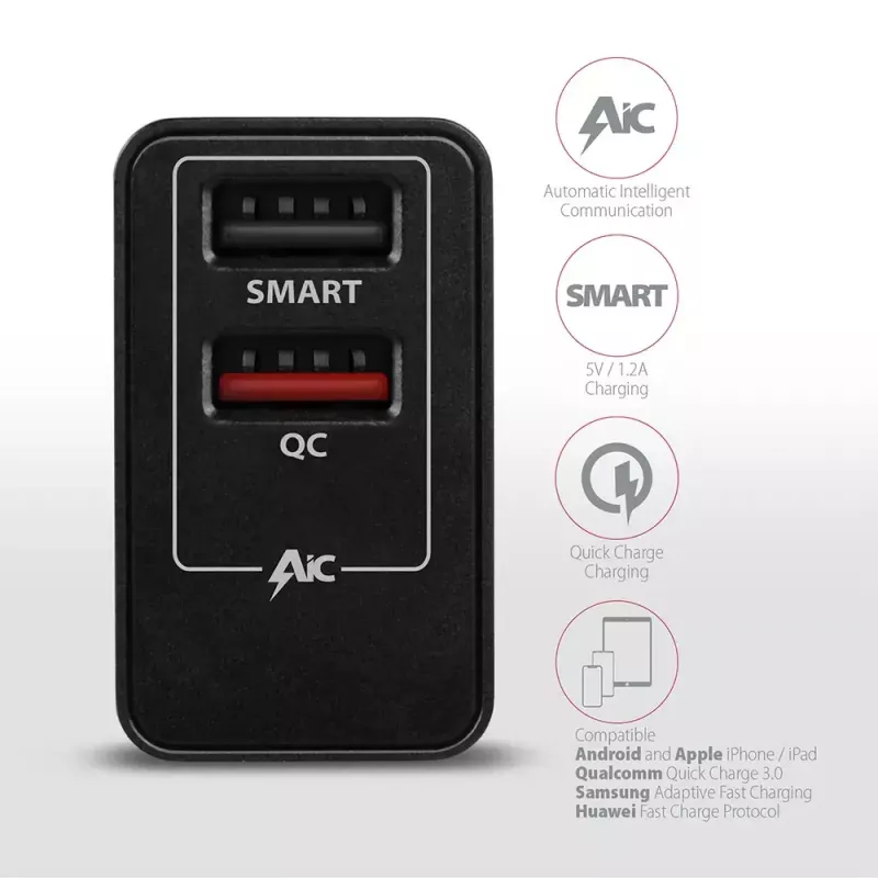 Axagon ACU-QS24 QUICK and SMART Wandladegerät, 2x USB-Anschluss QC3.0/AFC/FCP + 5V-1,2A, 24W