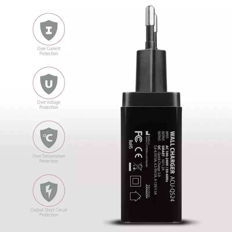 Axagon ACU-QS24 QUICK and SMART Wandladegerät, 2x USB-Anschluss QC3.0/AFC/FCP + 5V-1,2A, 24W
