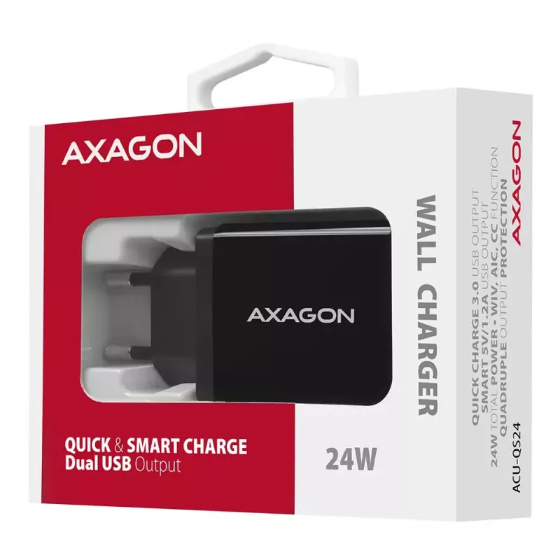 Axagon ACU-QS24 QUICK and SMART Wandladegerät, 2x USB-Anschluss QC3.0/AFC/FCP + 5V-1,2A, 24W