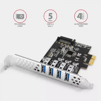 Axagon PCEU-43RS PCIe-Karte - 4x USB 5 Gbps Port, duale Stromversorgung, Renesas PD720201, SP & LP