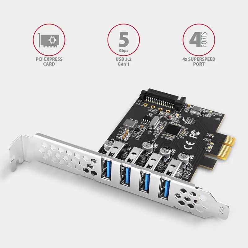 Axagon PCEU-43RS PCIe-Karte - 4x USB 5 Gbps Port, duale Stromversorgung, Renesas PD720201, SP & LP