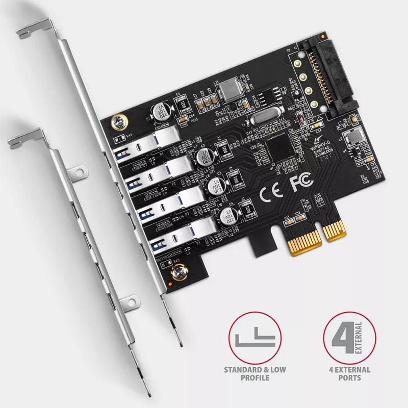 Axagon PCEU-43RS PCIe-Karte - 4x USB 5 Gbps Port, duale Stromversorgung, Renesas PD720201, SP & LP