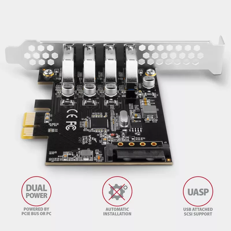 Axagon PCEU-43RS PCIe-Karte - 4x USB 5 Gbps Port, duale Stromversorgung, Renesas PD720201, SP & LP