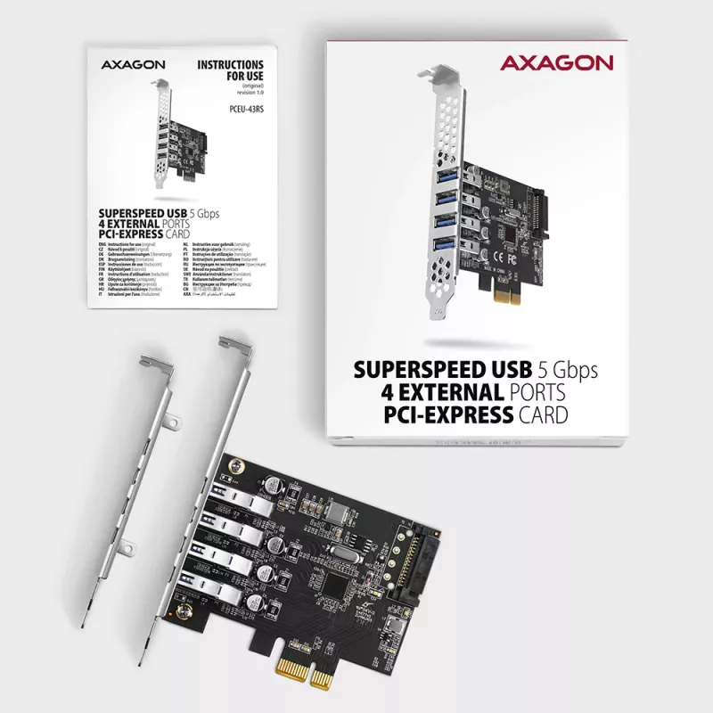 Axagon PCEU-43RS PCIe-Karte - 4x USB 5 Gbps Port, duale Stromversorgung, Renesas PD720201, SP & LP