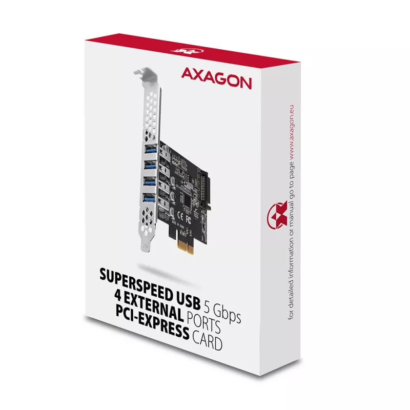 Axagon PCEU-43RS PCIe-Karte - 4x USB 5 Gbps Port, duale Stromversorgung, Renesas PD720201, SP & LP