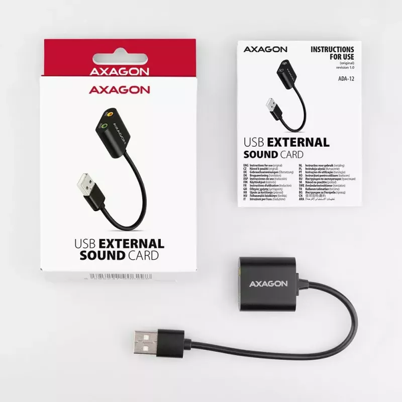 Externer USB-Audioadapter AXAGON ADA-12 mit 1x 3,5-mm-Klinke für Kopfhörer und Mikrofon