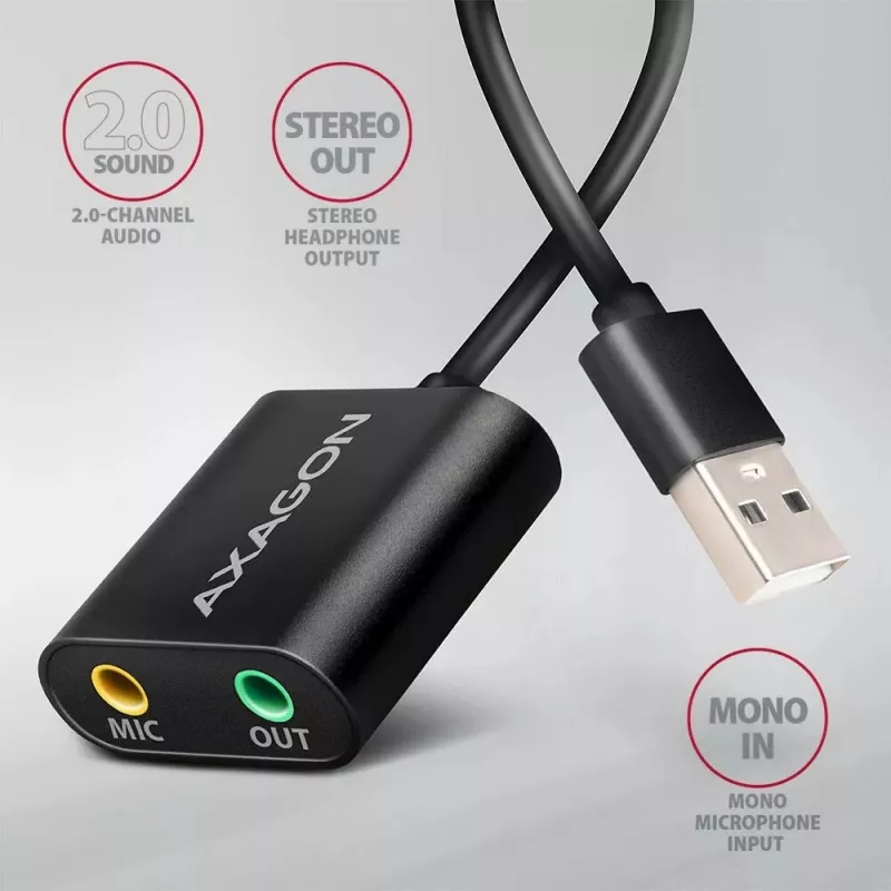 Externer USB-Audioadapter AXAGON ADA-12 mit 1x 3,5-mm-Klinke für Kopfhörer und Mikrofon