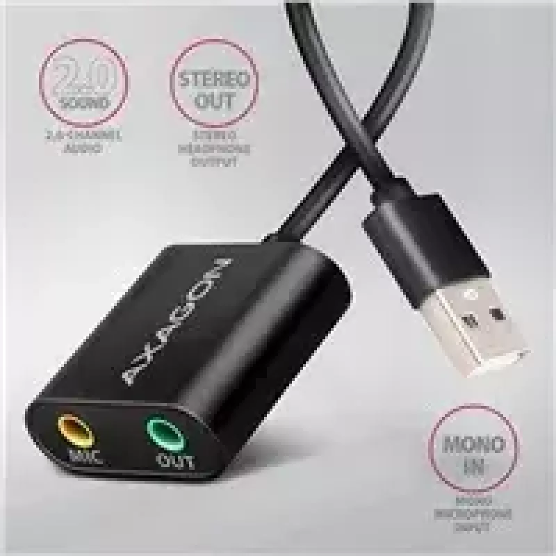 Externer USB-Audioadapter AXAGON ADA-12 mit 1x 3,5-mm-Klinke für Kopfhörer und Mikrofon