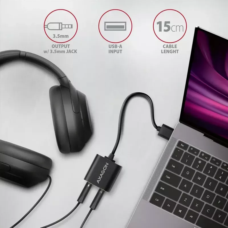 Externer USB-Audioadapter AXAGON ADA-12 mit 1x 3,5-mm-Klinke für Kopfhörer und Mikrofon