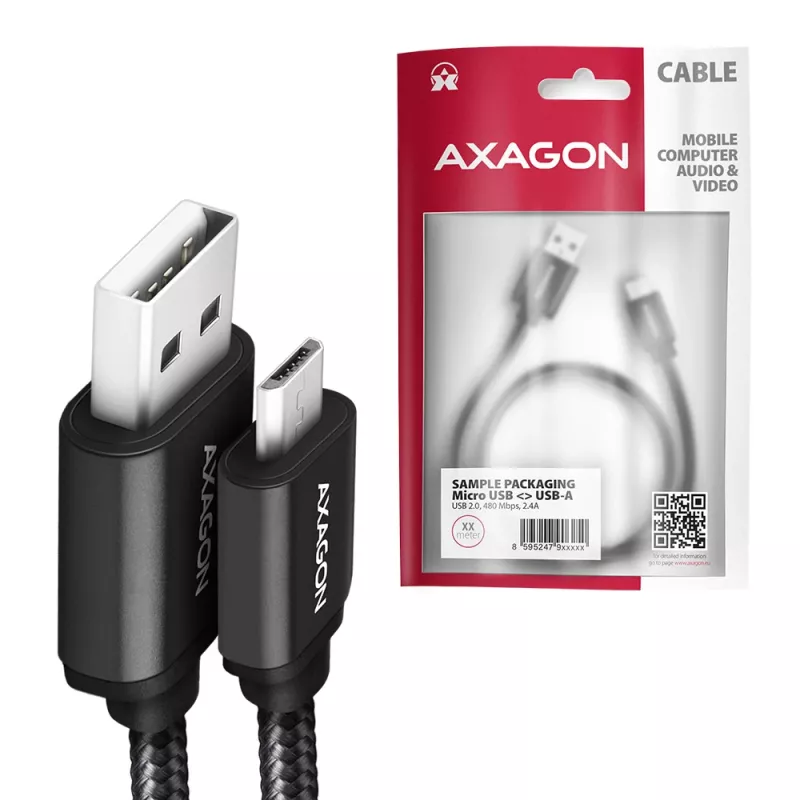 Axagon BUMM-AM10AB HQ Kabel Micro USB <-> USB-A, 1m, USB 2.0, 2,4A, ALU, Geflecht, schwarz
