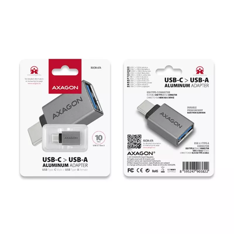 Axagon RUCM-AFA Adapter USB-C (M) -> USB-A (F), USB 3.2 Gen 2, 3A, ALU