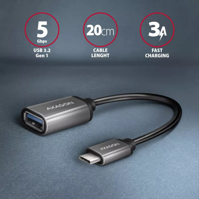 Axagon RUCM-AFAC Kabeladapter USB-C (M) -> USB-A (W), 20cm, USB 3.2 Gen 1, 3A, ALU